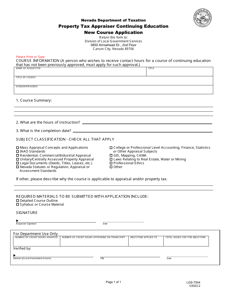 Form LGS-T004 Property Tax Appraiser Continuing Education New Course Application - Nevada, Page 1