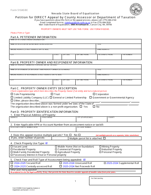 Form 5104SBE Petition for Direct Appeal by County Assessor or Department of Taxation - Nevada, 2024