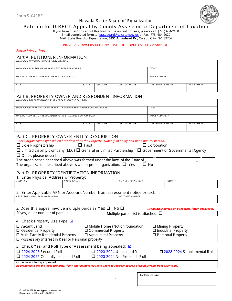 Form 5104SBE Petition for Direct Appeal by County Assessor or Department of Taxation - Nevada, Page 1