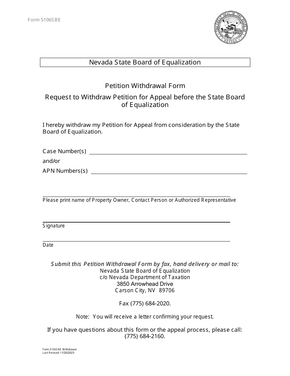 Form 5106SBE Request to Withdraw Petition for Appeal Before the State Board of Equalization - Nevada, Page 1