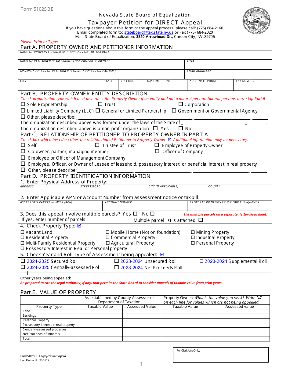Form 5102SBE Taxpayer Petition for Direct Appeal - Nevada, Page 1
