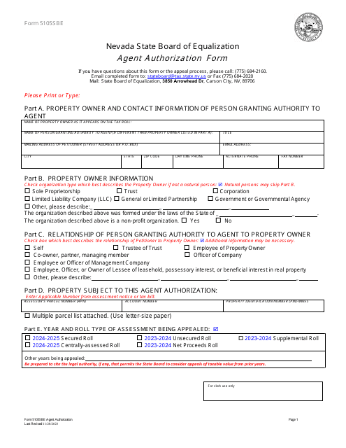 Form 5105SBE Agent Authorization Form - Nevada, 2025