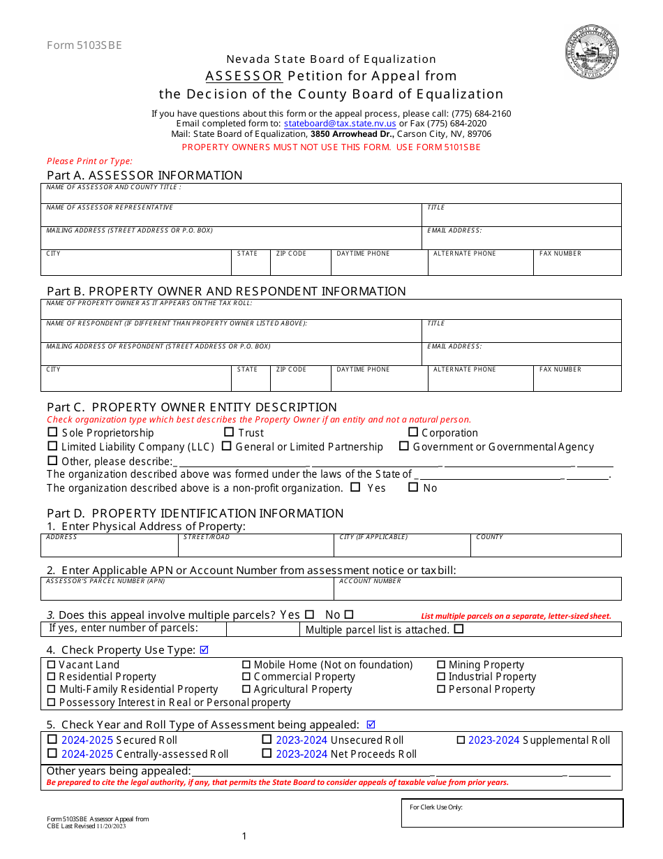 Form 5103SBE Assessor Petition for Appeal From the Decision of the County Board of Equalization - Nevada, Page 1