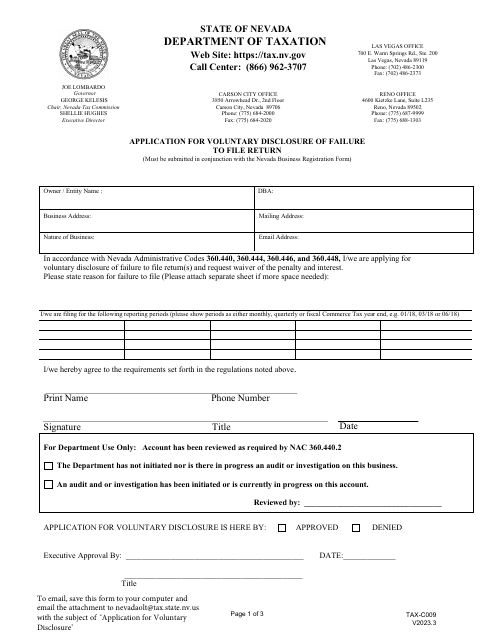 Form TAX-C009 Application for Voluntary Disclosure of Failure to File Return - Nevada