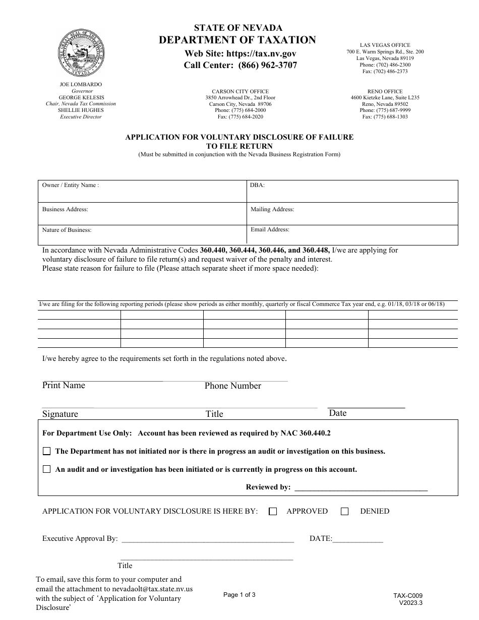 Form TAX-C009 Application for Voluntary Disclosure of Failure to File Return - Nevada, Page 1