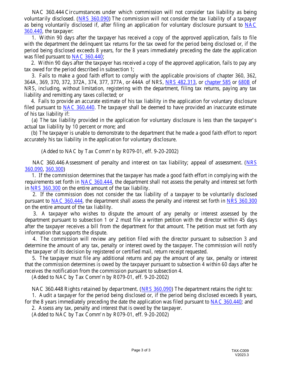 Form TAX-C009 Application for Voluntary Disclosure of Failure to File Return - Nevada, Page 3