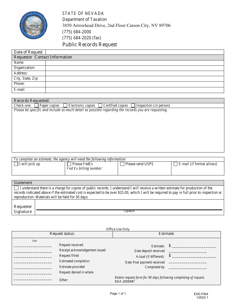 Form EXE-F004 Public Records Request - Nevada, Page 1