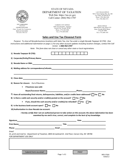 Form REV-F020 Sales and Use Tax Closeout Form - Nevada