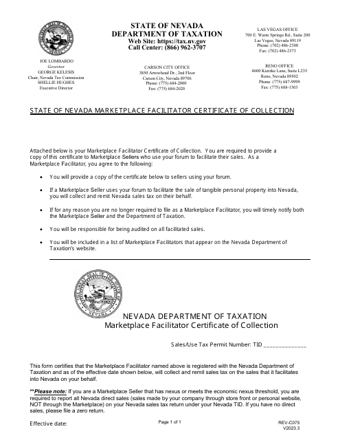 Form REV-C075 Marketplace Facilitator Certificate of Collection - Nevada