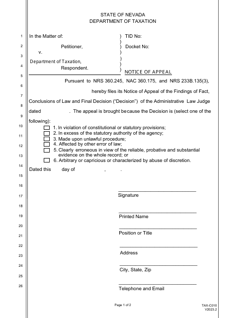 Form TAX-C010 Notice of Appeal - Nevada