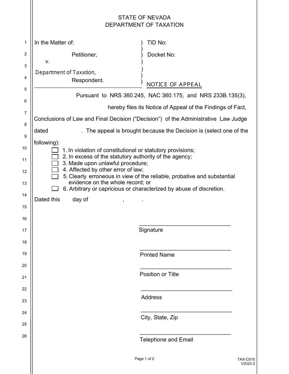 Form TAX-C010 Notice of Appeal - Nevada, Page 1
