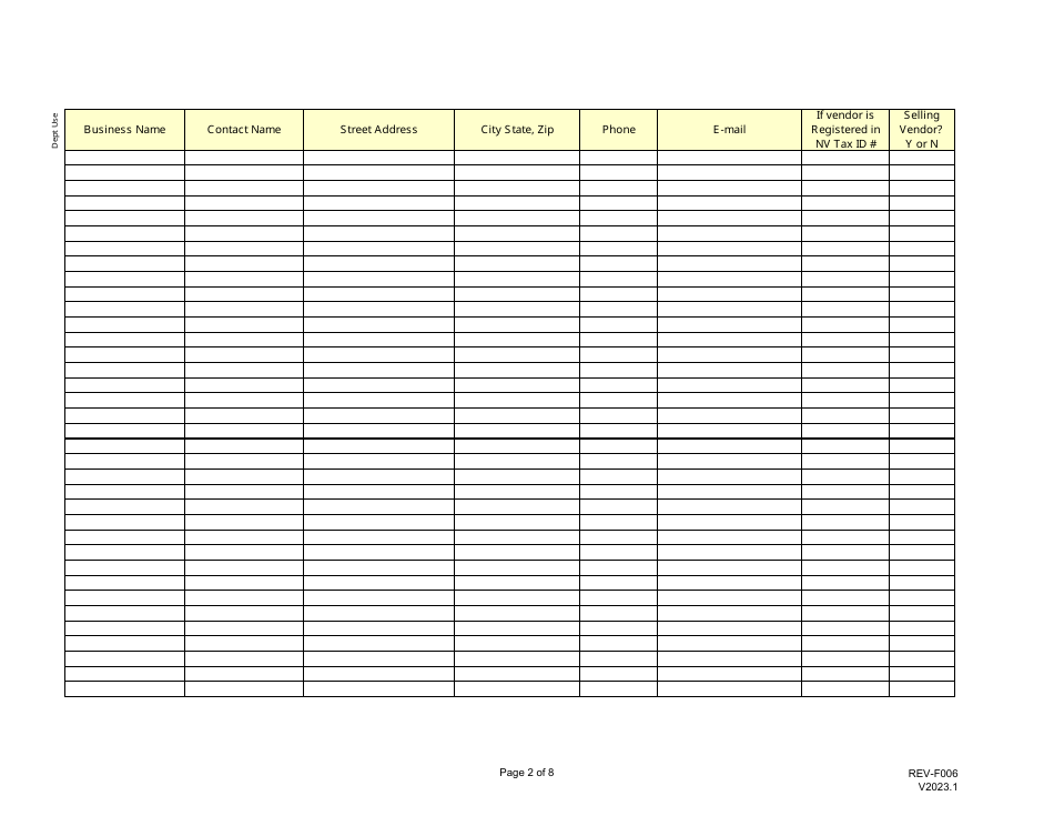 Form REV-F006 One Time Application Vendor List - Nevada, Page 2