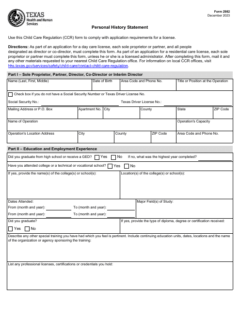 Form 2982 Personal History Statement - Texas