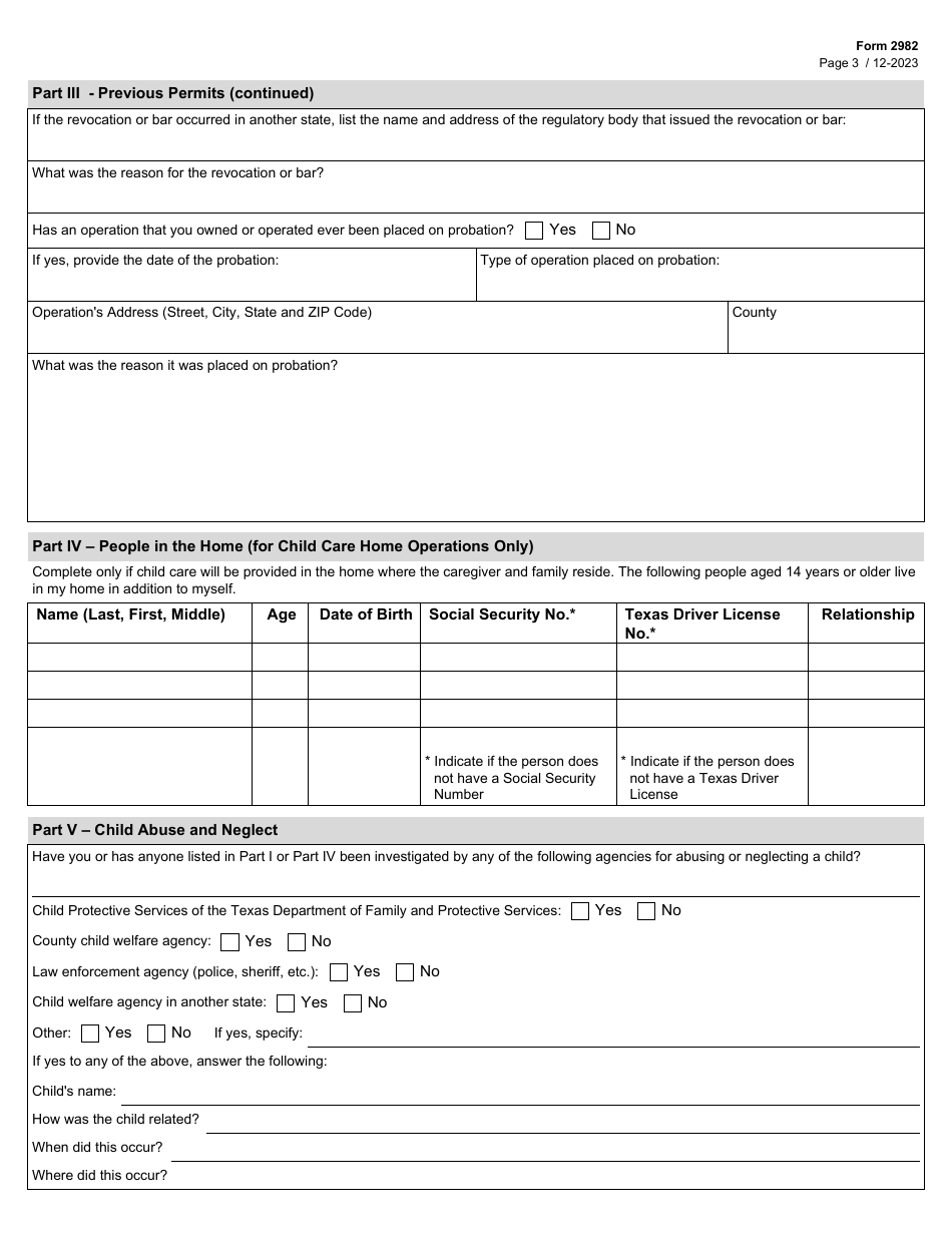 Form 2982 Personal History Statement - Texas, Page 3