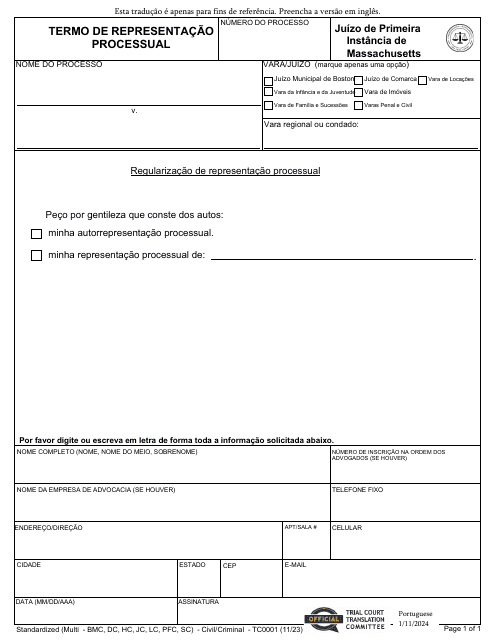Form TC0001 Notice of Appearance - Massachusetts (Portuguese)
