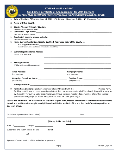 Candidate's Certificate of Announcement for Elections - West Virginia Download Pdf