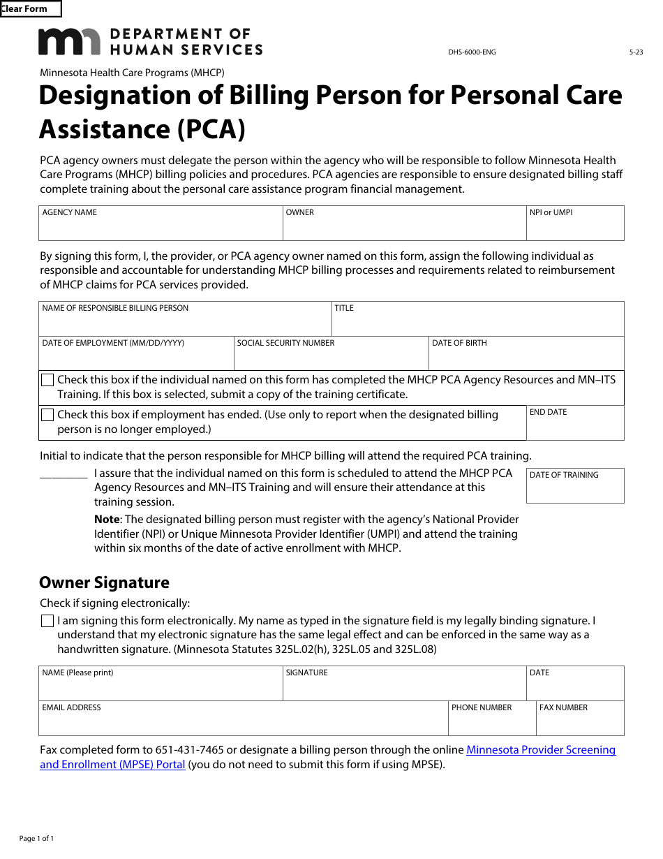 Form DHS-6000-ENG Designation of Billing Person for Personal Care Assistance (Pca) - Minnesota Health Care Programs (Mhcp) - Minnesota, Page 1