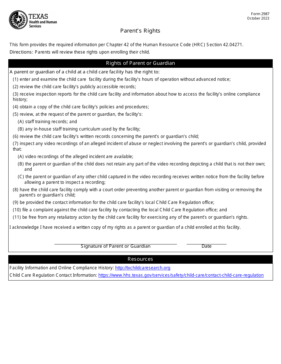 Form 2987 Parents Rights - Texas, Page 1