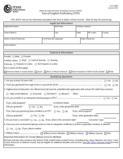 Form 3908 Test of English Proficiency (Tep) - Texas