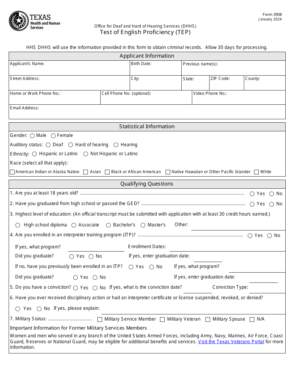 Form 3908 Test of English Proficiency (Tep) - Texas, Page 1