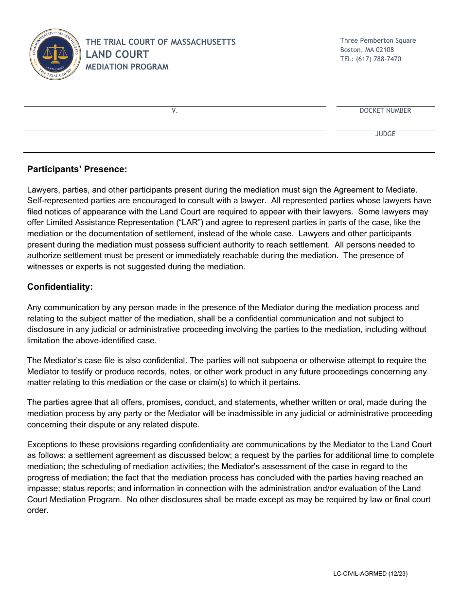 Form LC-CIVIL-AGRMED Agreement to Mediate - Massachusetts, Page 4