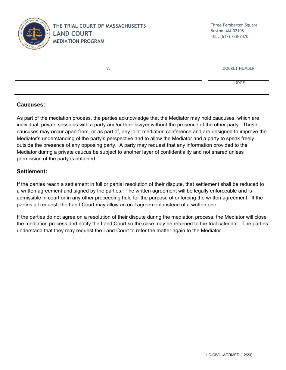 Form LC-CIVIL-AGRMED Agreement to Mediate - Massachusetts, Page 5