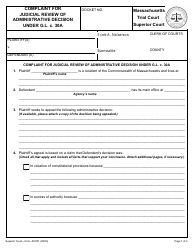 Form SC001 Complaint for Judicial Review of Administrative Decision Under G.l. C. 30a - Massachusetts