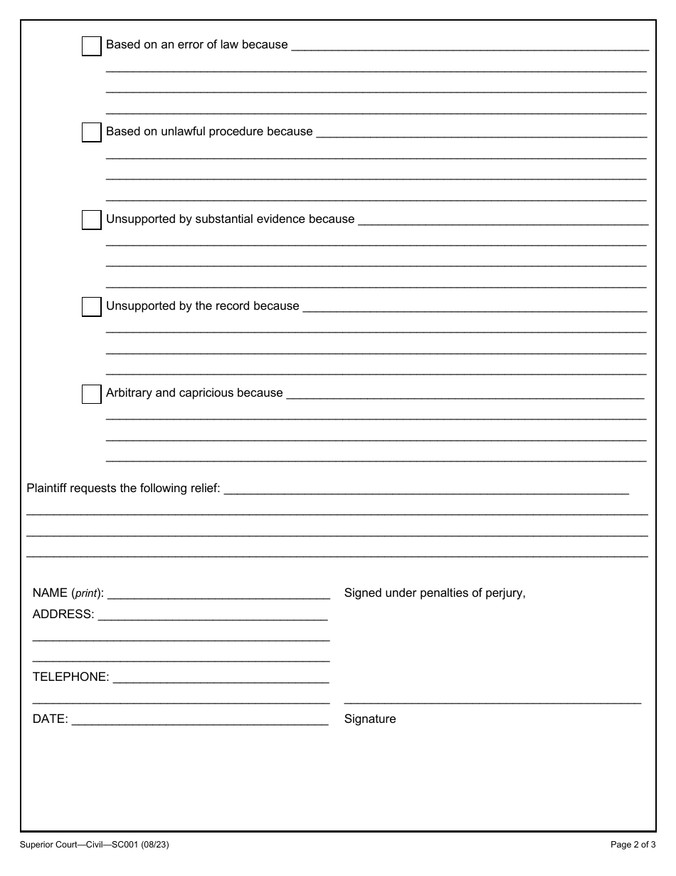 Form SC001 Complaint for Judicial Review of Administrative Decision Under G.l. C. 30a - Massachusetts, Page 2