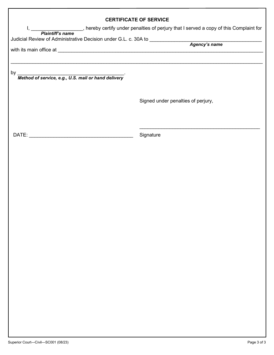 Form SC001 Complaint for Judicial Review of Administrative Decision Under G.l. C. 30a - Massachusetts, Page 3