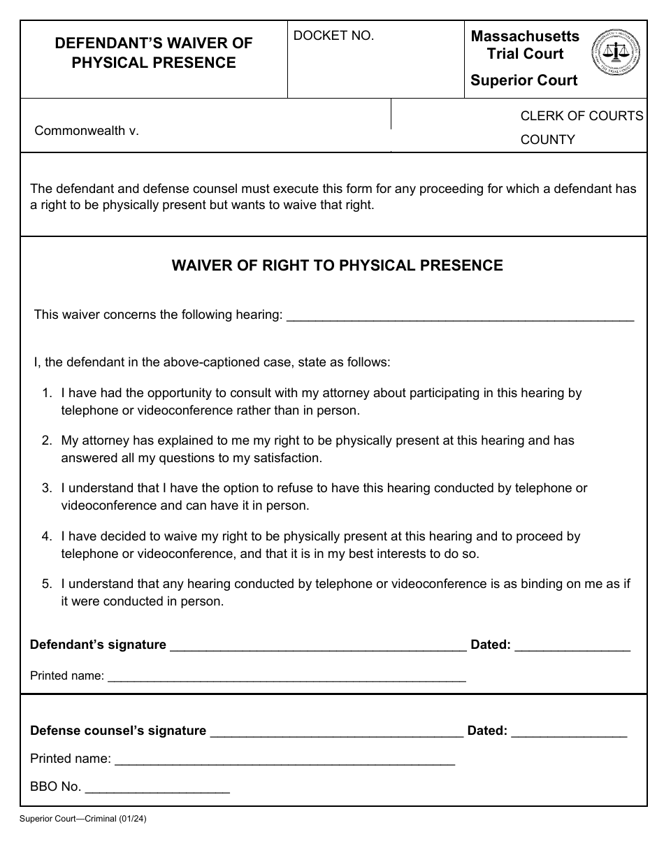 Defendants Waiver of Physical Presence - Massachusetts, Page 1