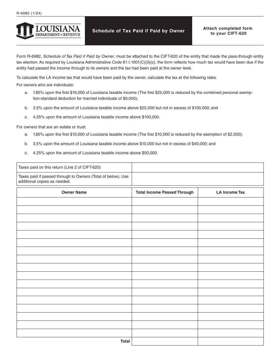 Form R-6982 Schedule of Tax Paid if Paid by Owner - Louisiana, Page 1
