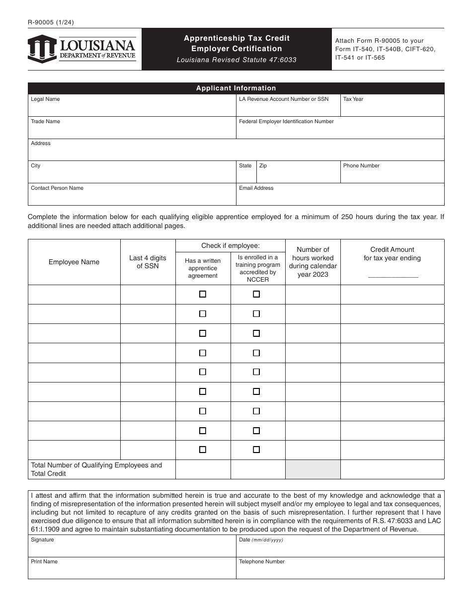 Form R-90005 Apprenticeship Tax Credit Employer Certification - Louisiana, Page 1