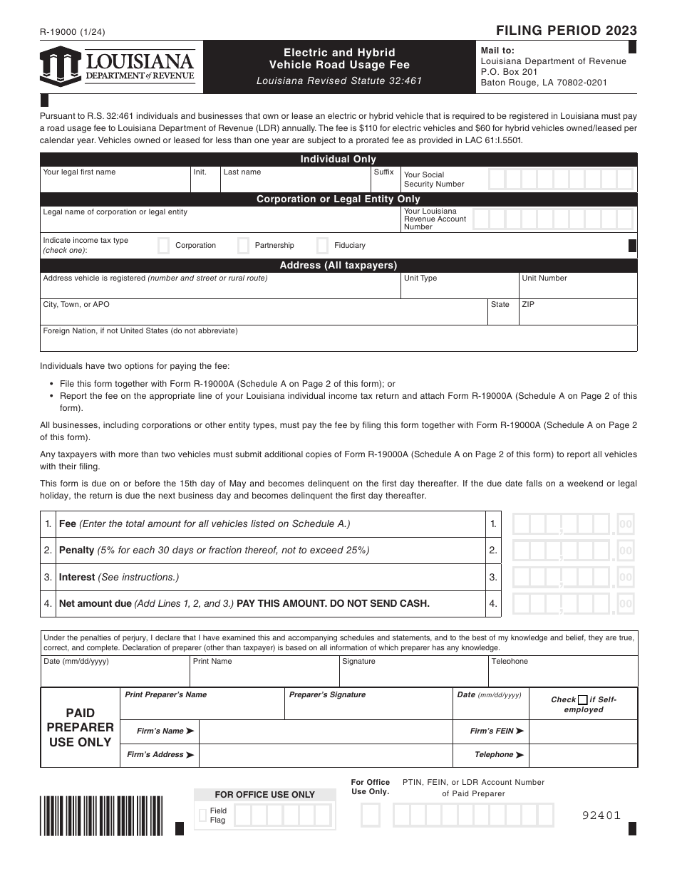 Form R-19000 Electric and Hybrid Vehicle Road Usage Fee - Louisiana, Page 1