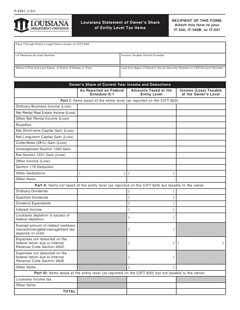 Form R-6981 Louisiana Statement of Owner's Share of Entity Level Tax Items - Louisiana