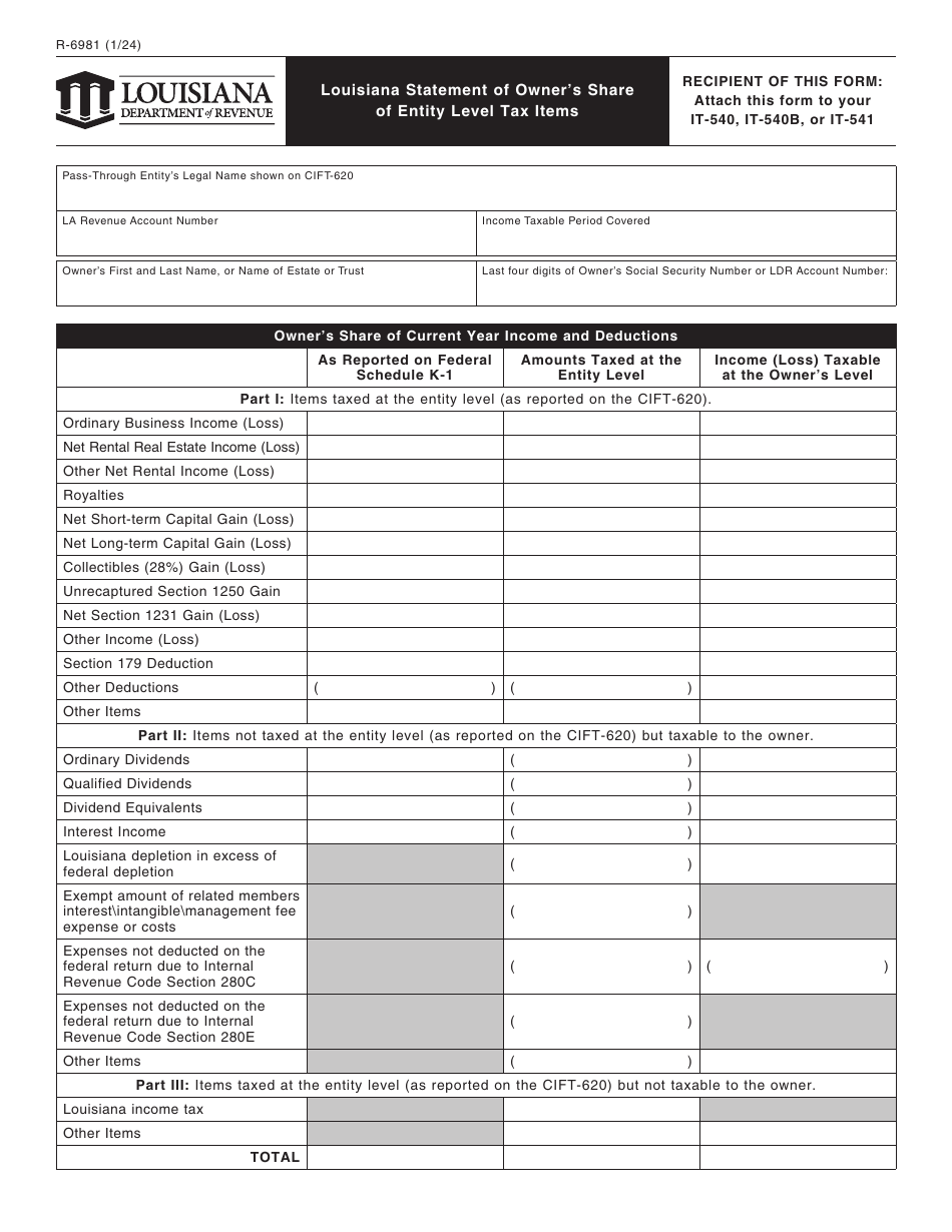 Form R-6981 Louisiana Statement of Owners Share of Entity Level Tax Items - Louisiana, Page 1