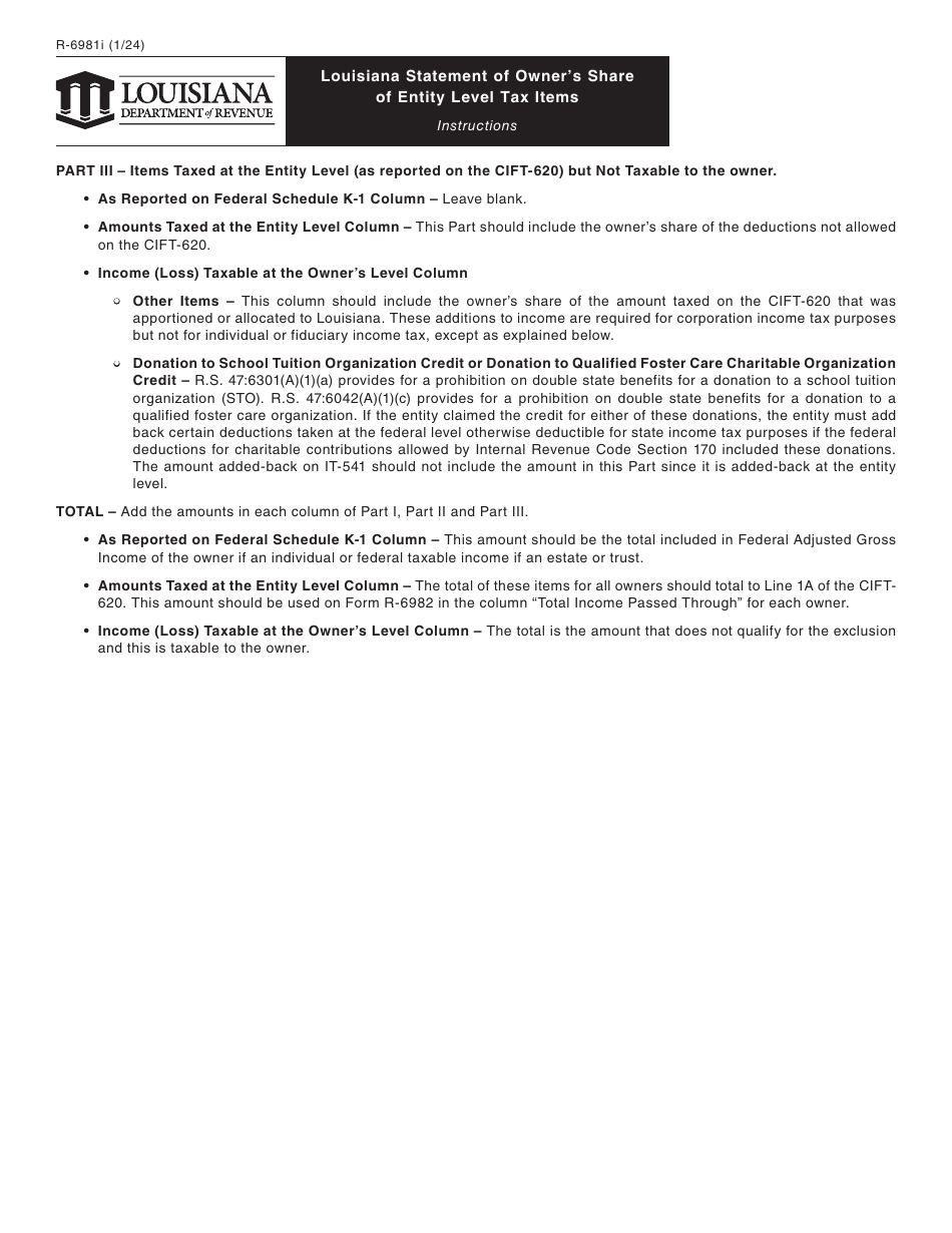 Form R-6981 Louisiana Statement of Owners Share of Entity Level Tax Items - Louisiana, Page 3