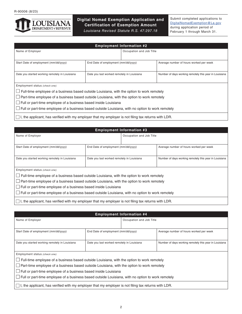 Form R-90006 Digital Nomad Exemption Application and Certification of Exemption Amount - Louisiana, Page 2