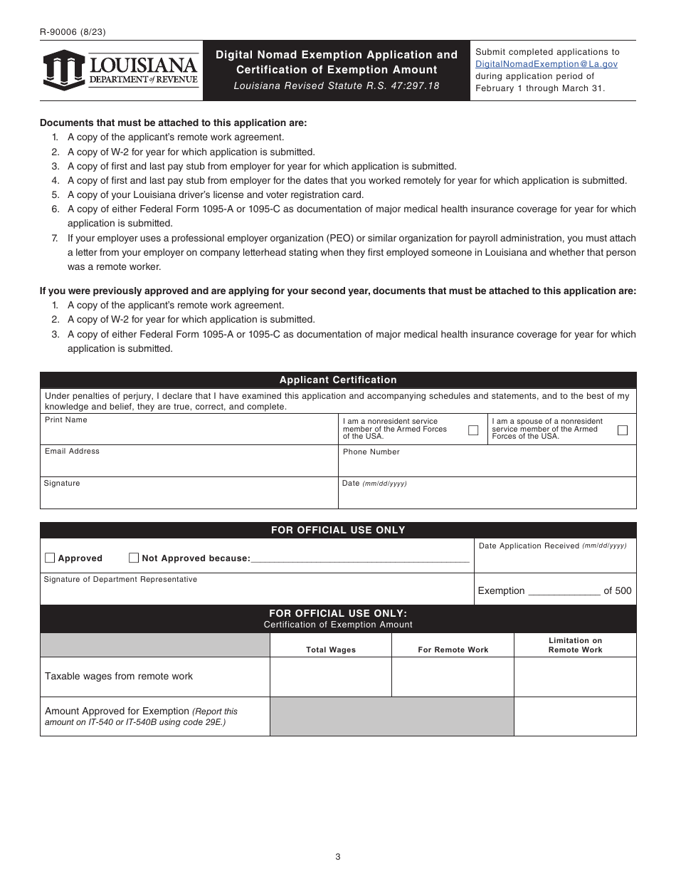 Form R-90006 Digital Nomad Exemption Application and Certification of Exemption Amount - Louisiana, Page 3