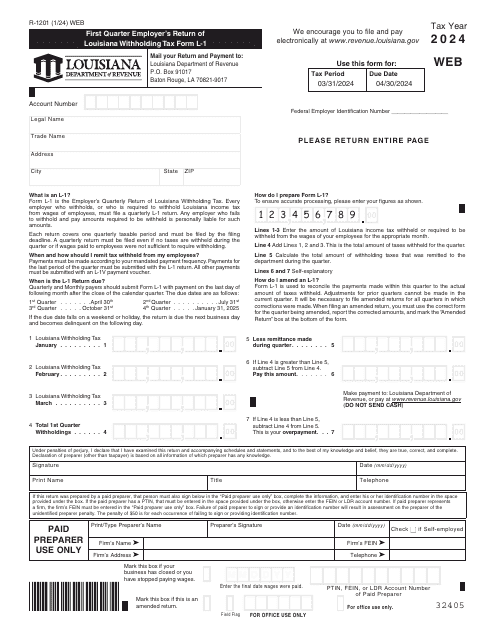 Form L-1 (R-1201) First Quarter Employer's Return of Louisiana Withholding Tax Form - Louisiana, 2024