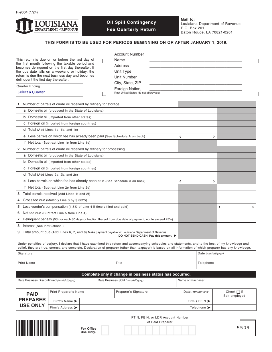 Form R-0994 Oil Spill Contingency Fee Quarterly Return - Louisiana, Page 1