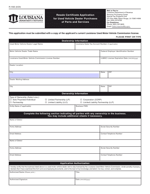 Form R-1393 Resale Certificate Application for Used Vehicle Dealer Purchases of Parts and Services - Louisiana