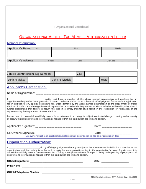 Form P-002 Organizational Vehicle Tag Member Authorization Letter - Washington, D.C.