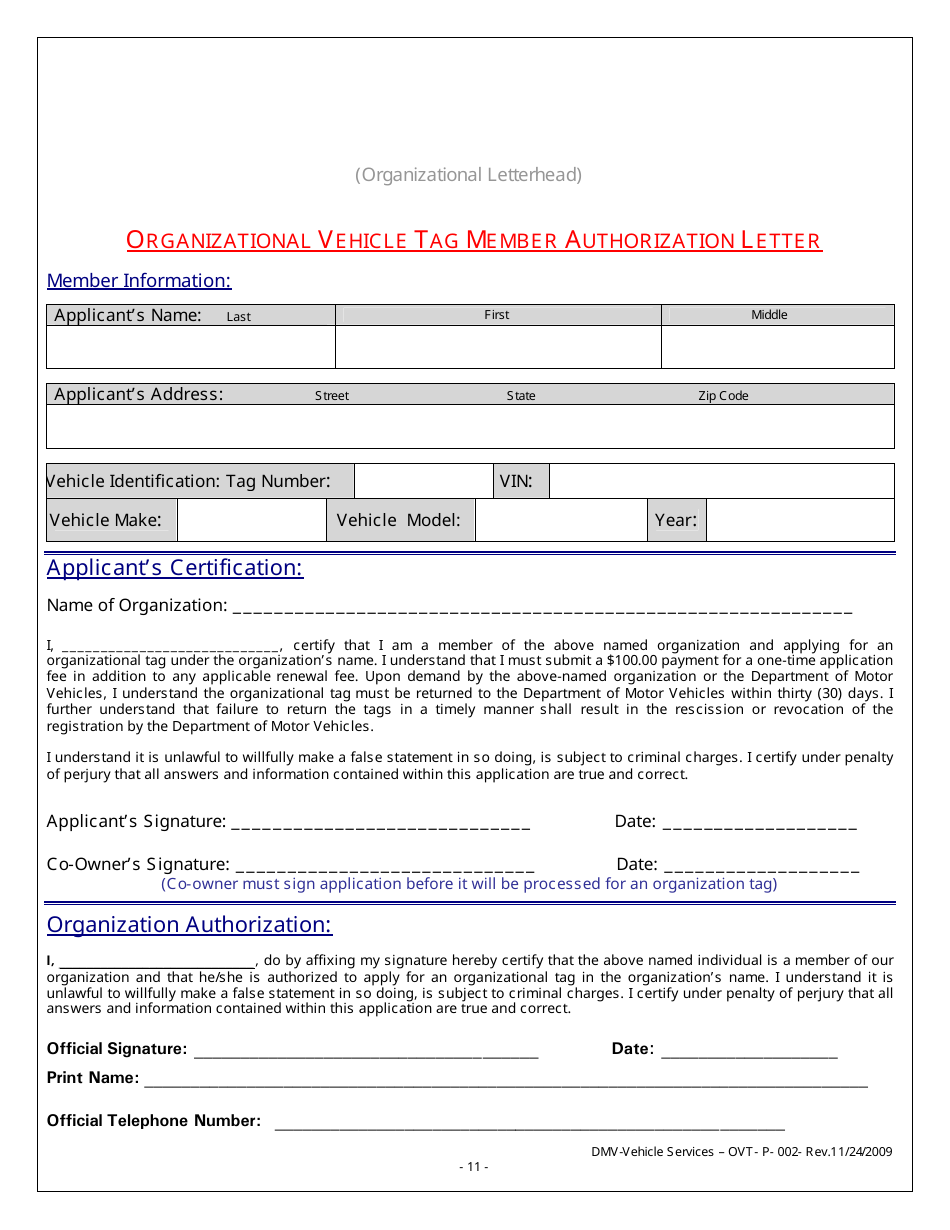 Form P-002 Organizational Vehicle Tag Member Authorization Letter - Washington, D.C., Page 1