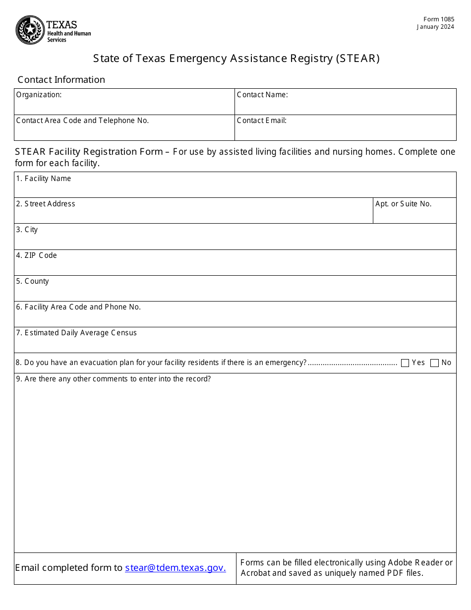 Form 1085 State of Texas Emergency Assistance Registry (Stear) - Texas, Page 1
