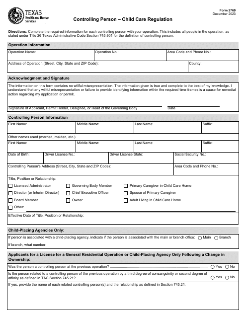 Form 2760 Controlling Person - Child Care Regulation - Texas