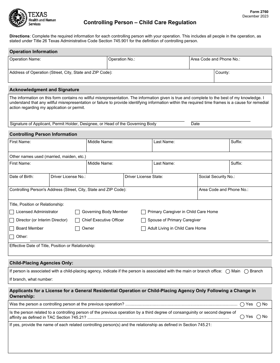 Form 2760 Controlling Person - Child Care Regulation - Texas, Page 1