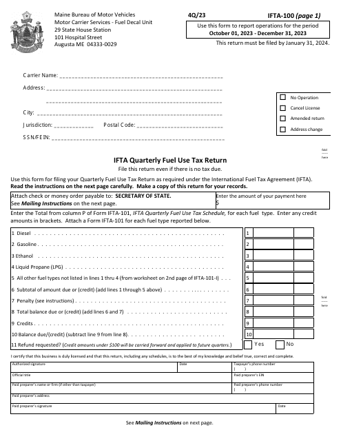 Form IFTA-100 Ifta Quarterly Fuel Use Tax Return - 4th Quarter - Maine, 2023