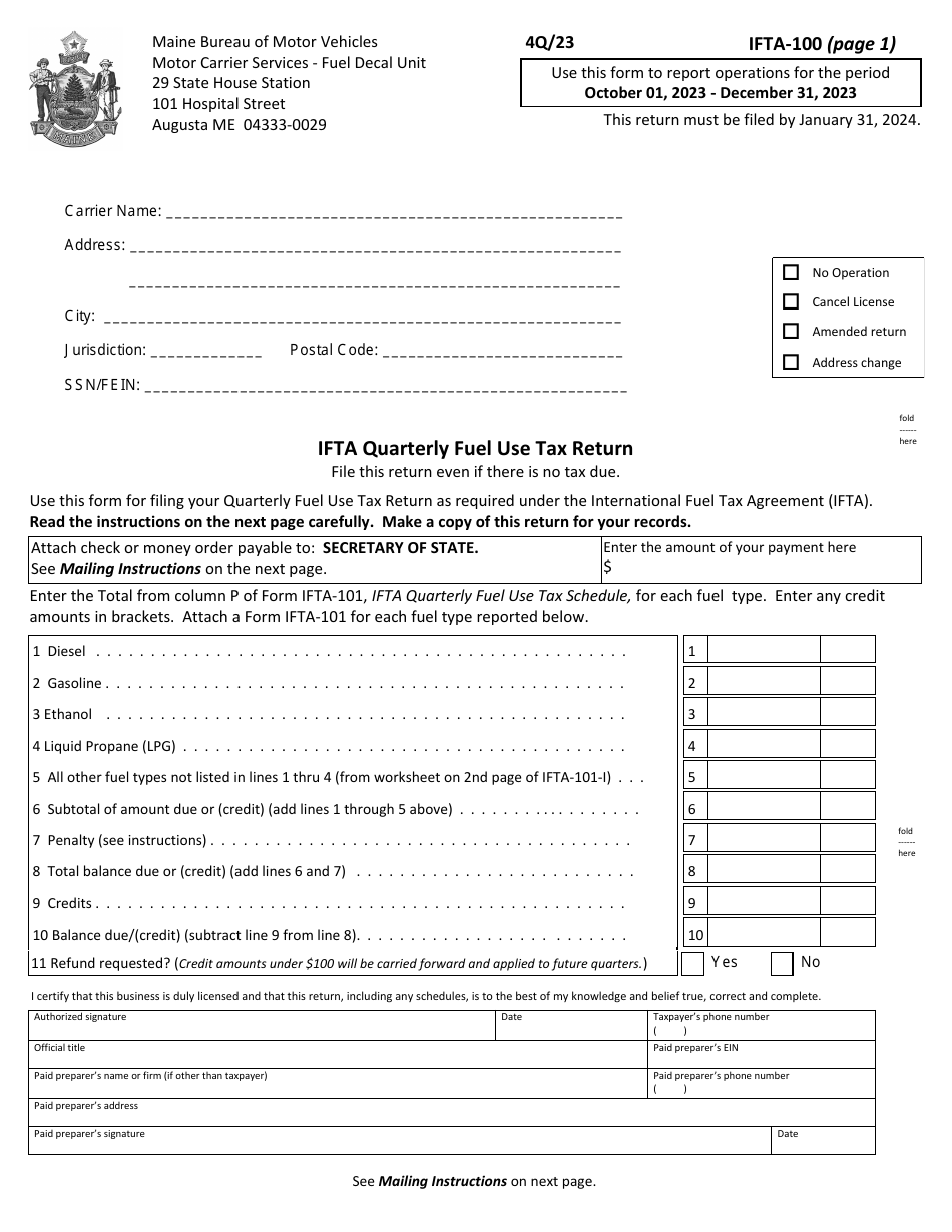 Form IFTA-100 Ifta Quarterly Fuel Use Tax Return - 4th Quarter - Maine, Page 1