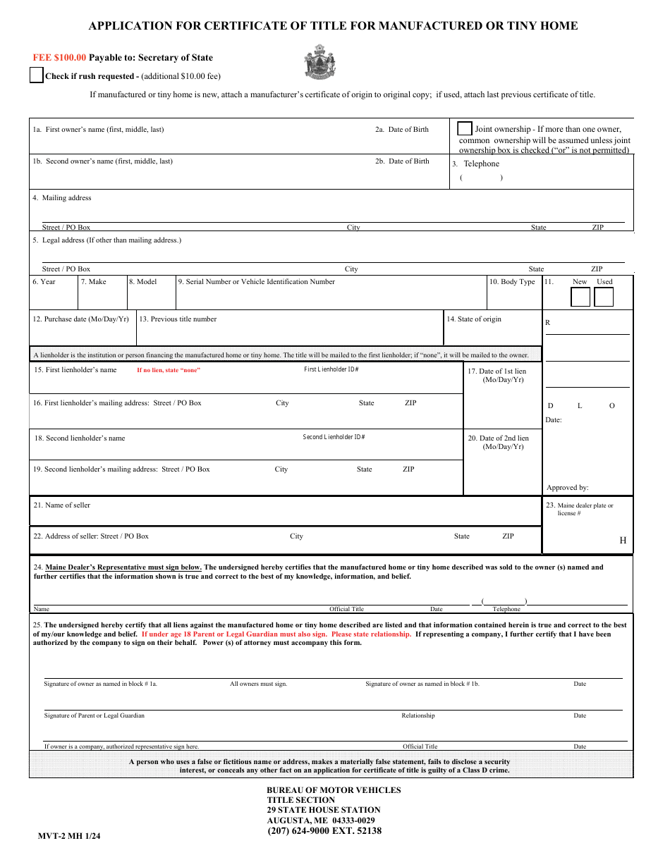 Form MVT-2 MH Download Fillable PDF or Fill Online Application for ...