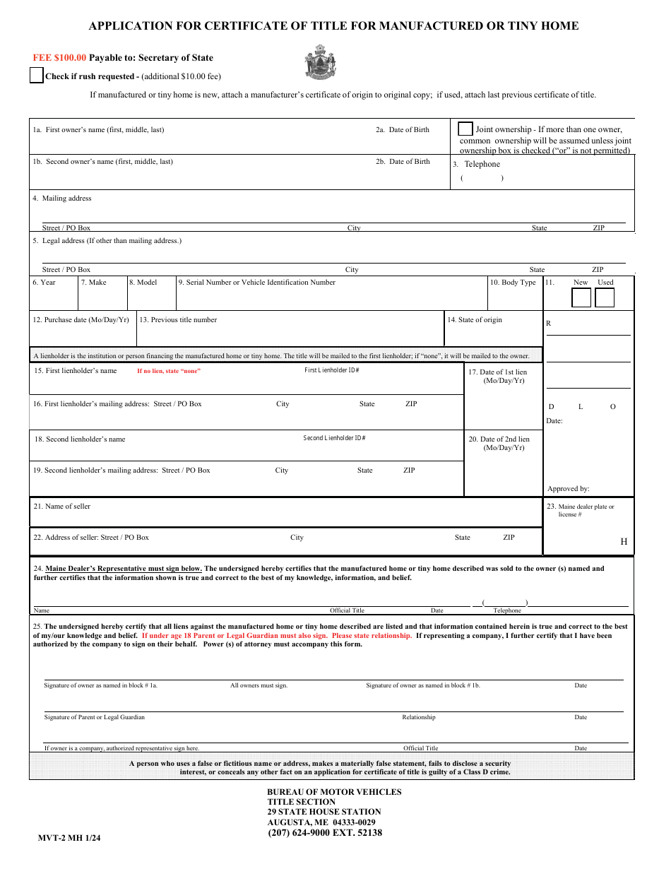 Form MVT-2 MH Application for Certificate of Title for Manufactured or Tiny Home - Maine, Page 1
